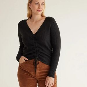 Long-Sleeve V-Neck Sweater with Drawstring at Front